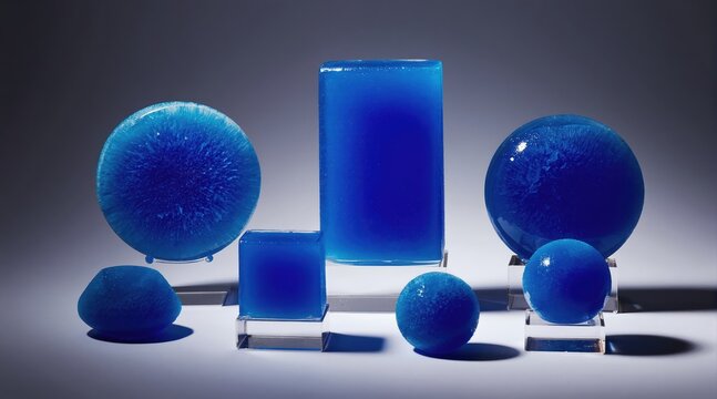 Blue aerogel samples show translucent crystalline structures. Different shapes, sizes, forms displayed. Ultralight material, weightless, with internal details visible. Side lighting creates dramatic