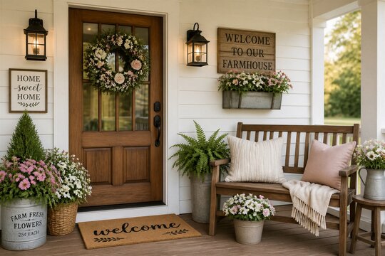 Warm wooden door welcomes visitors with a floral wreath. Lamps glow softly beside a rustic welcome sign. Potted plants and flowers add color to the porch