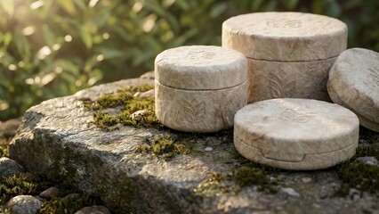 Naklejka premium Macro Close-up of Biodegradable Mycelium Cosmetic Packaging on Natural Stone