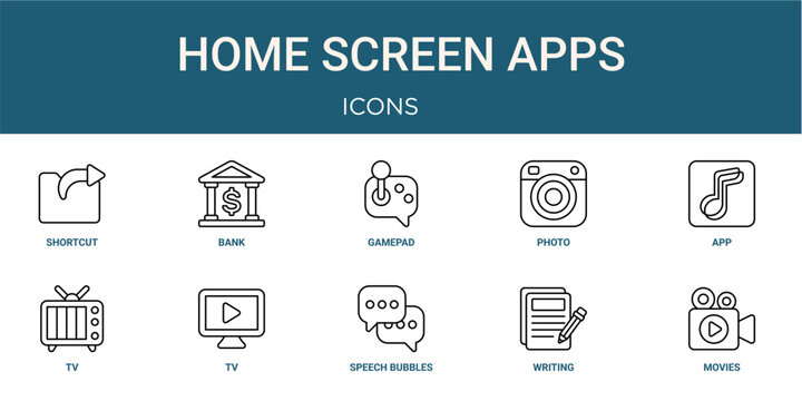 Set of 10 outline Home Screen Apps icons for reports, landing pages and application screens. Editable stroke icon pack including shortcut, bank, app, tv and movies.