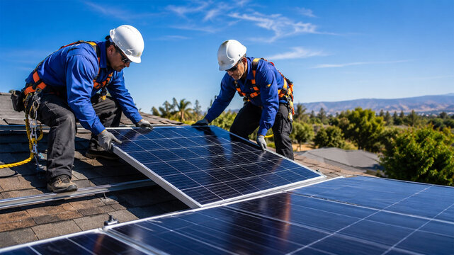 Instaladores Profissionais de Energia Solar Trabalhando com Seguran&ccedil;a no Telhado