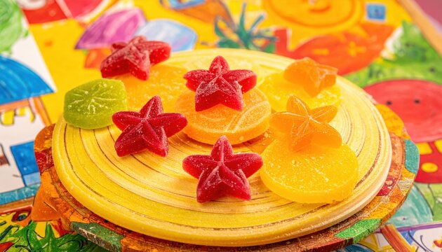 Close-up of vibrant fruit gummy candies cut into stars and circles arranged on a colorful plate