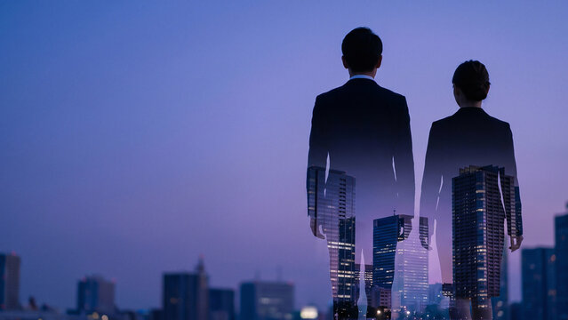 Japanese business duo silhouette double exposure city skyline luminous sunset twilight Toward Future Success Perfect for advertising recruitment presentation brochure