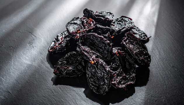 Dark and Rich Dried Plum Slices Artfully Overlapped on a Textured Surface, Showcasing Culinary Appeal