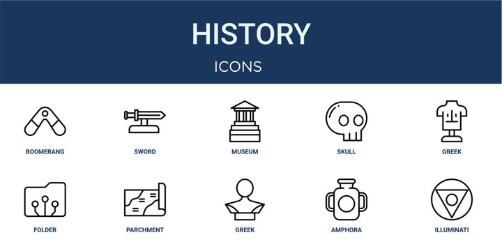 Set of 10 outline History icons for reports, landing pages and application screens. Editable stroke icon pack including boomerang, sword, greek sculpture, folder and illuminati.