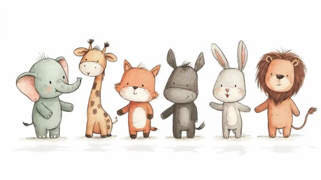 Cute cartoon animals dancing happily in a row. Adorable elephant giraffe fox donkey bunny lion animation sequence for childrens entertainment and fun wildlife parade concept