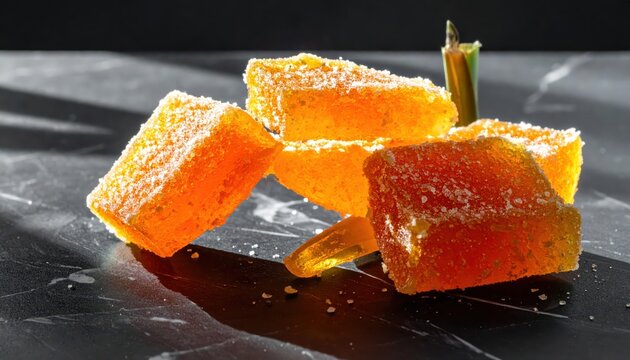 Crystalized ginger candy pieces with a sugar coating scattered on a dark marble surface, appetizing close-up food photography