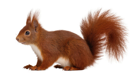 Isolated red squirrel full body profile portrait, adorable mammal with bushy tail and ear tufts © Aoife