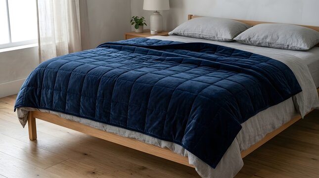 A luxurious deep navy blue weighted blanket with quilted stitching rests elegantly on a soft grey linen bed frame set