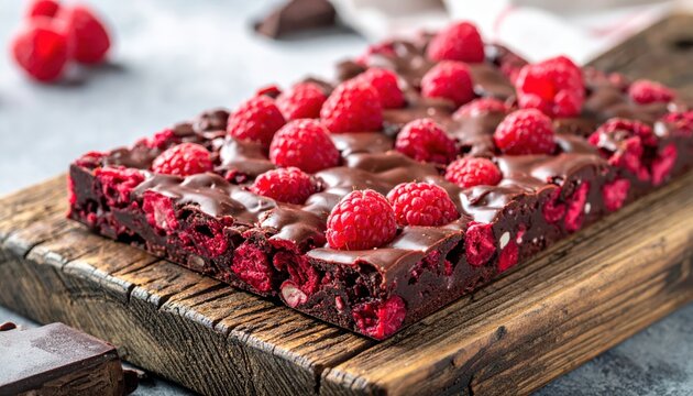Decadent Raspberry and Dark Chocolate Bark with Generous Fruit Chunks on Rustic Wood
