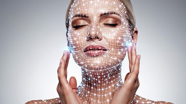 Futuristic digital face scan technology applied to a woman's portrait for analysis