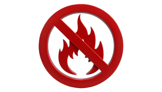 Isolated 3D render of a red glossy no fire sign symbol, prohibiting flames and ignition.