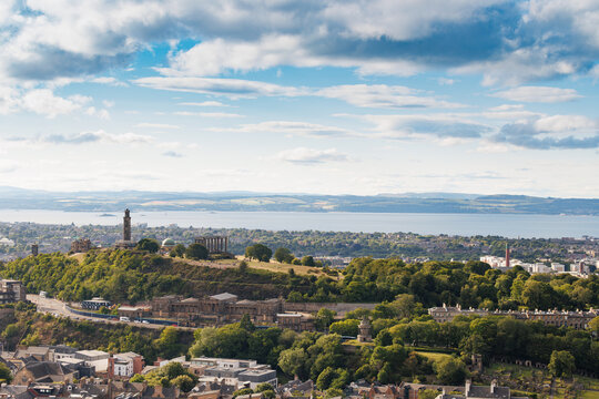 Calton hill over harbors with Nelson Monument, Edinburgh, UK