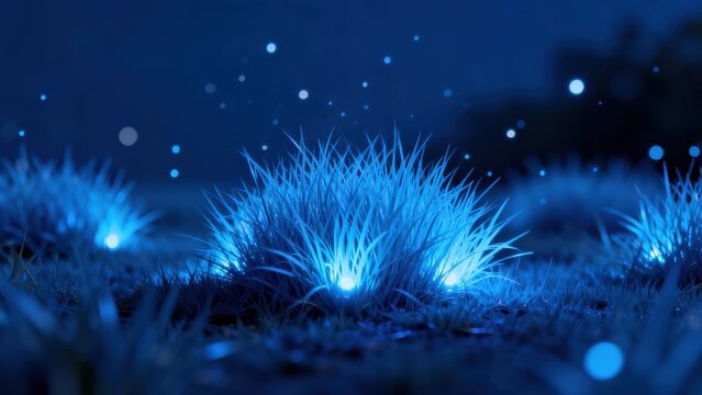 Glowing blue grass in night