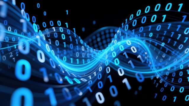 Binary code wave on dark background