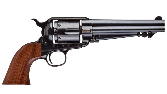 Isolated classic old-fashioned single-action revolver pistol with wooden grip and blued finish