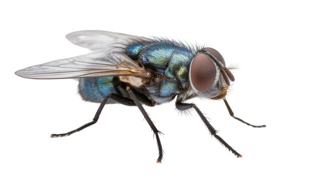 Isolated macro shot of a blue bottle fly with shimmering metallic blue green body and compound eyes