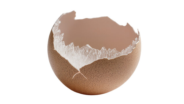 Isolated fractured chicken eggshell showing rough edges and thin transparent membrane