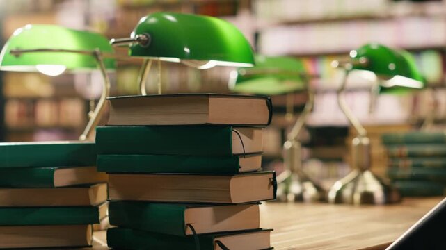 Close up of stacked books on desk in quiet university library with warm lighting and green lamp, educational environment with bookshelves and study materials, Empty library study space.
