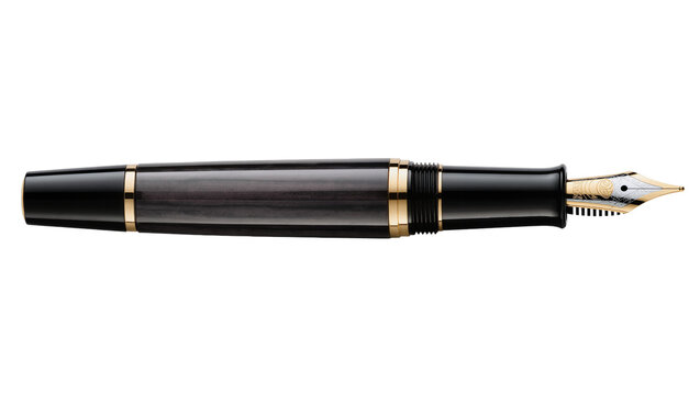 Isolated elegant black fountain pen with golden accents and sophisticated decorative nib for writing