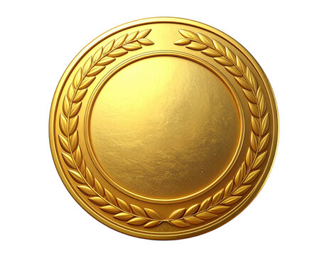Golden circular medal with laurel wreath border on white background
