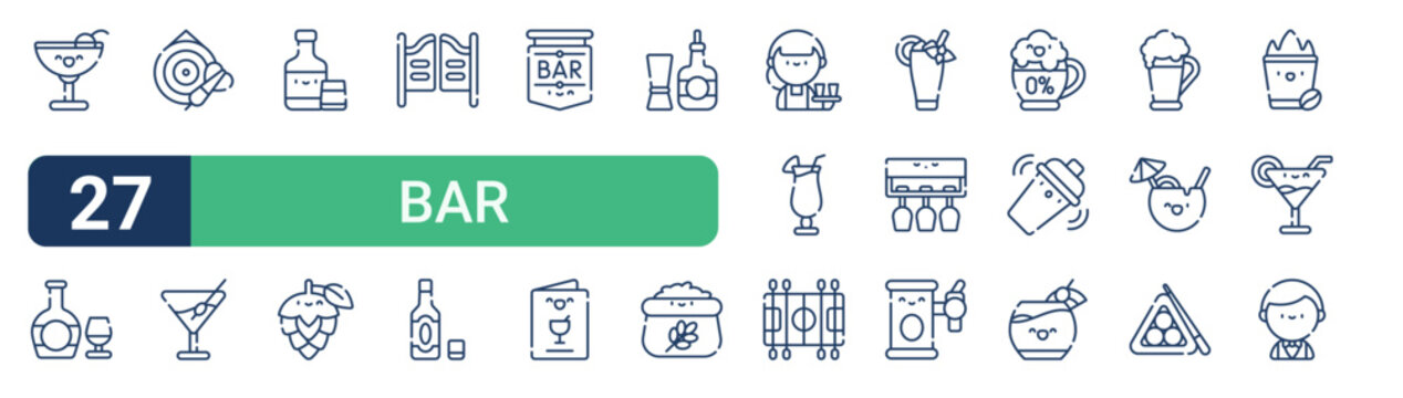 Set of 27 thin line Bar icons for app screens, websites and product dashboards. Outline vector pack featuring cocktail, cognac, darts, vermouth, whiskey and hop.