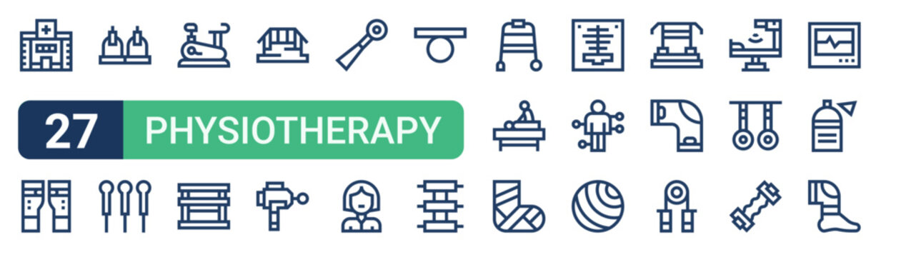 Set of 27 thin line Physiotherapy icons for app screens, websites and product dashboards. Outline vector pack featuring hospital, knee pads, cupping, acupuncture, stationary bike and parallel.