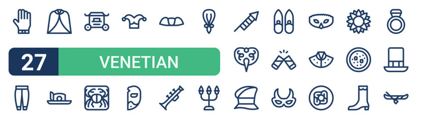 Set of 27 thin line Venetian Carnival icons for app screens, websites and product dashboards. Outline vector pack featuring gloves, trousers, cap, hat, carriage and fried. © Emma