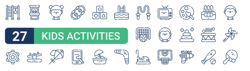 Set of 27 thin line Kids Activities icons for app screens, websites and product dashboards. Outline vector pack featuring monkey bars, tambourine, arcade, seesaw, kid and kite. © Emma
