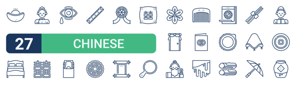 Set of 27 thin line Chinese Wedding icons for app screens, websites and product dashboards. Outline vector pack featuring gold, double bed, bride, double happiness, crying and hongbao.
