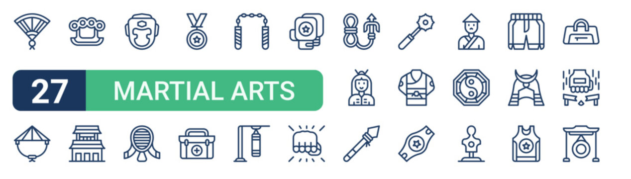 Set of 27 thin line Martial Arts icons for app screens, websites and product dashboards. Outline vector pack featuring fan, hat, brass knuckles, dojo, boxing helmet and fencing mask.