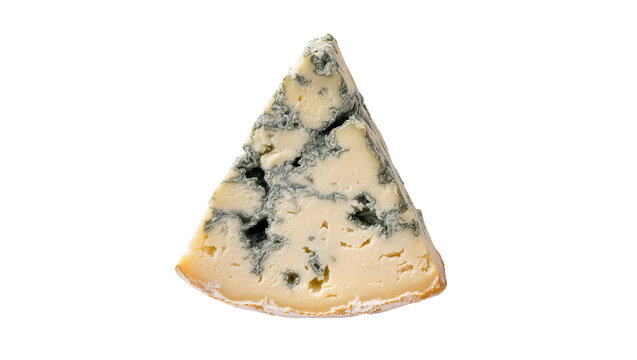 Isolated delicious blue cheese wedge showcasing natural blue mold veins, rich creamy texture, gourmet food
