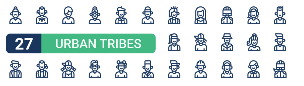 Set of 27 thin line Urban Tribes icons for app screens, websites and product dashboards. Outline vector pack featuring modern, rockabilly, man, punk, emo and rap.