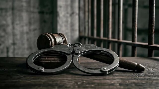 Handcuffs and judge gavel on wooden table near prison bars. Legal trial and criminal justice system concept. Arrest procedure with handcuffs and court hammer.