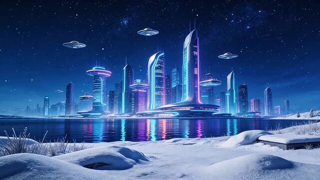 Futuristic cityscape with flying saucers