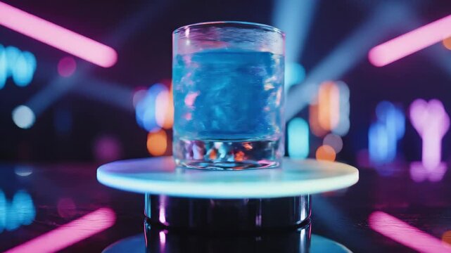 Blue Cocktail Drink in Glass on Spinning Coaster with Neon Party Lights in Nightclub Background