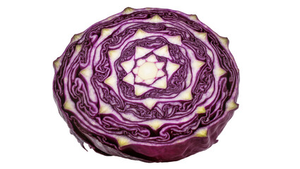 Fototapeta premium Isolated fresh red cabbage half showing vivid purple concentric layers and fractal pattern