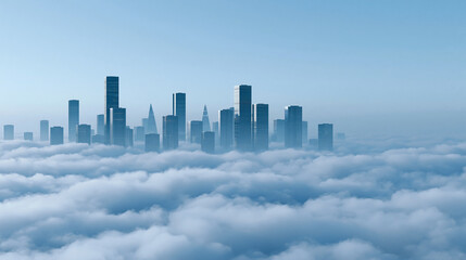 Fototapeta premium Futuristic city with skyscrapers floating in the clouds, aerial fantasy cityscape concept, with copy space