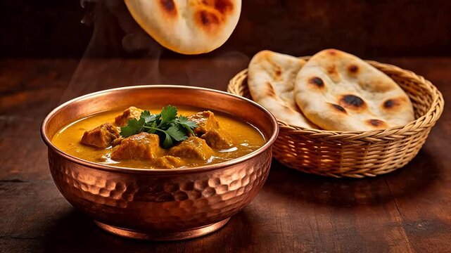 Steaming curry with naan bread
