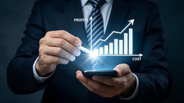 Corporate manager using stylus on glowing futuristic stock market chart. Interactive digital display highlights revenue increases and cost reductions, ideal for modern wealth generation visual concept
