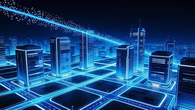 Futuristic cityscape with glowing buildings