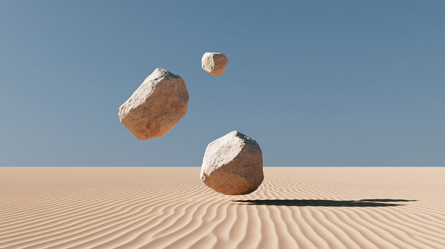 Surreal desert landscape with floating rocks and sand waves, abstract AI-generated art concept, with copy space