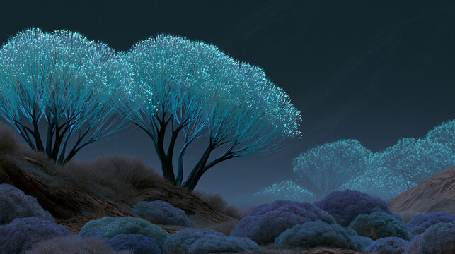 Glowing alien plants in a fantasy landscape on a fictional extraterrestrial world, generative AI concept art, with copy space
