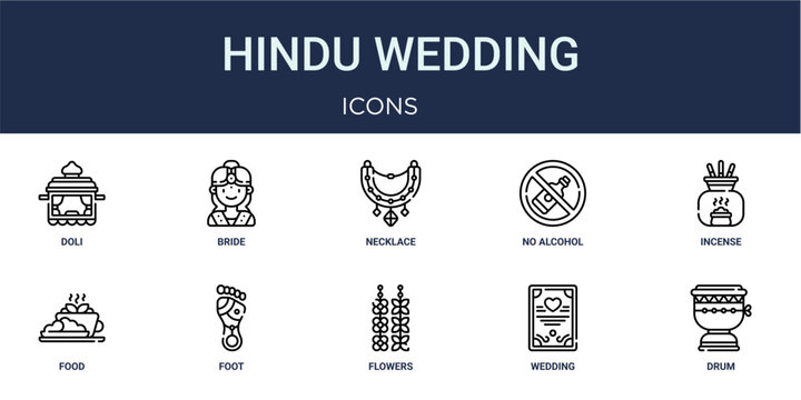 Set of 10 outline Hindu Wedding icons for reports, landing pages and application screens. Editable stroke icon pack including doli, bride, incense, food and drum.