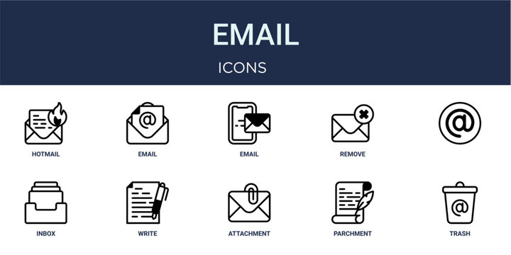 Set of 10 outline Email icons for reports, landing pages and application screens. Editable stroke icon pack including hotmail, email, at, inbox and trash.