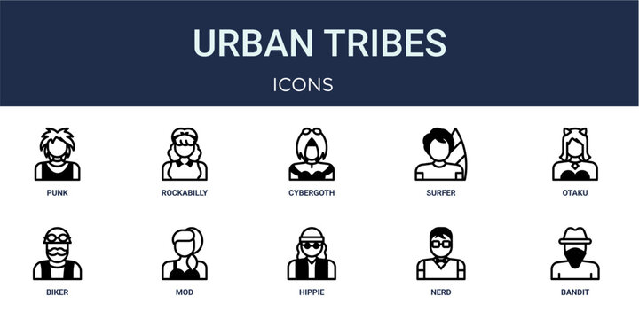 Set of 10 outline Urban Tribes icons for reports, landing pages and application screens. Editable stroke icon pack including punk, rockabilly, otaku, biker and bandit.