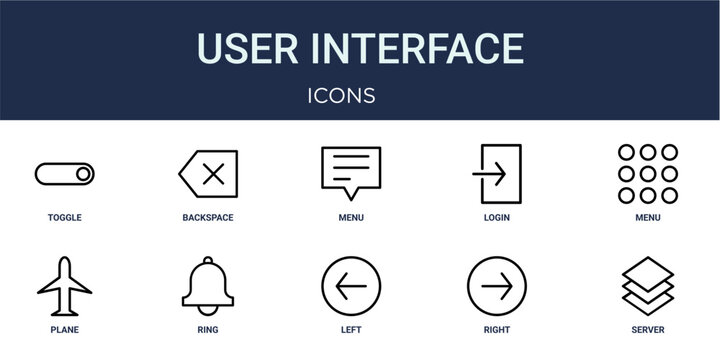 Set of 10 outline User Interface icons for reports, landing pages and application screens. Editable stroke icon pack including toggle, backspace, menu, plane and server.