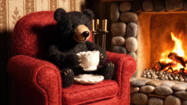 Stop Motion Felted Black Bear Drinking Tea in Red Armchair by Warm Stone Fireplace