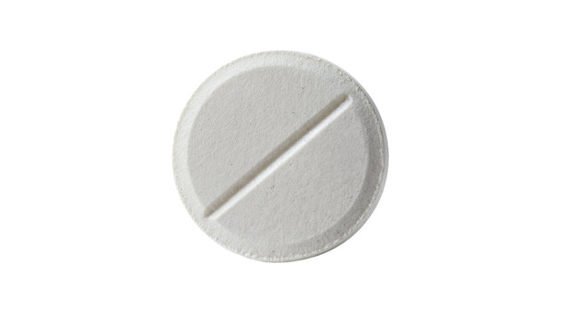 Isolated white round tablet with single score line for medical treatment or health supplement