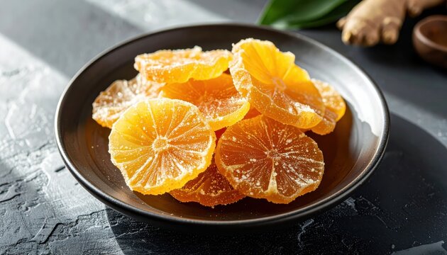 Delicate Candied Ginger Slices With Crystalline Sugar Coating Artfully Presented On A Dark Plate